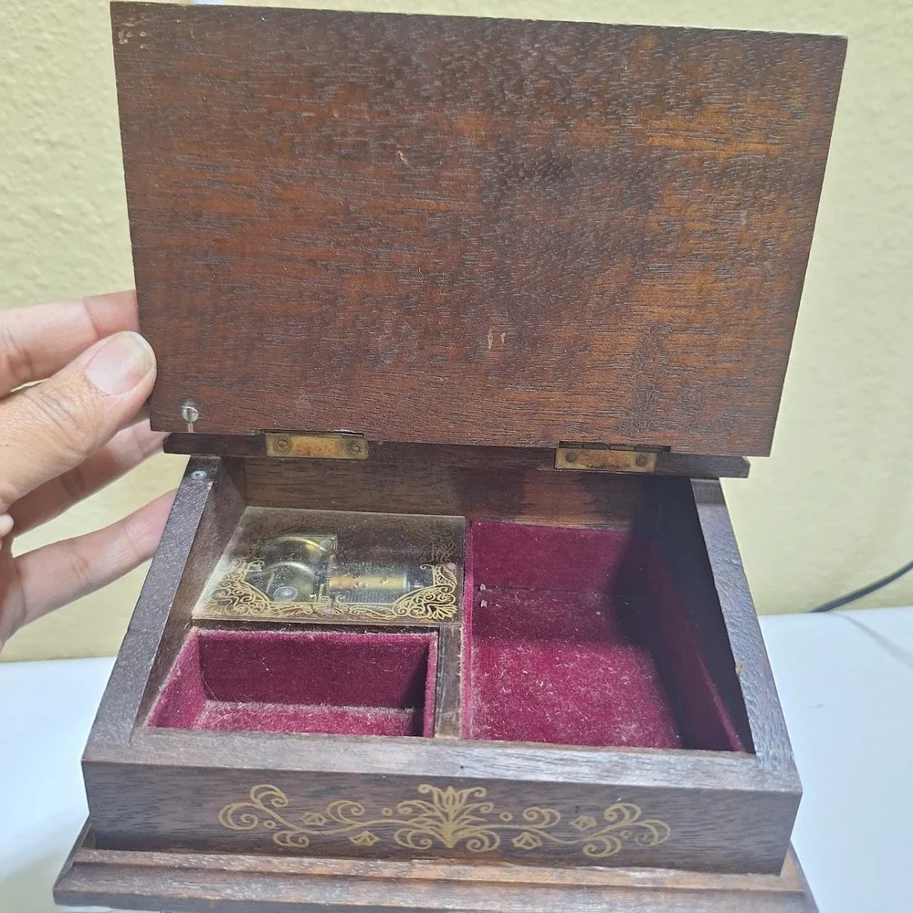 Vintage c.1970s Wooden Musical Jewelry Box Wind-Up Music Box 2 Drawers As-Is